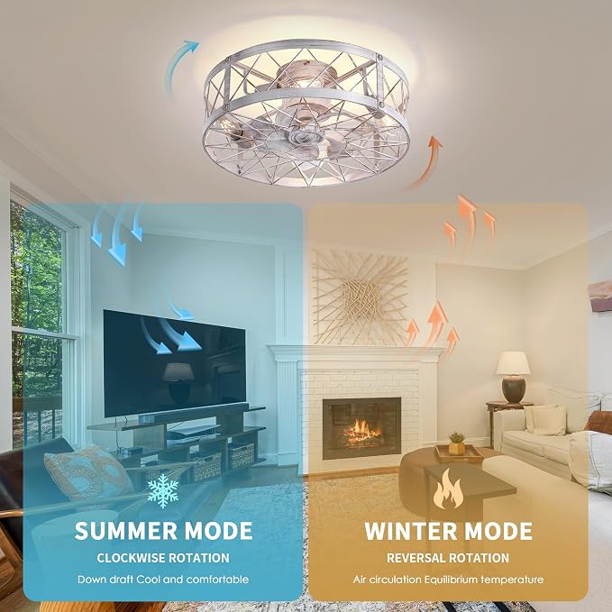 Flush Mount White Caged Ceiling Fan with Light, 20" Small Bladeless Ceiling Fan and Remote, Rustic Low Profile Ceiling Fans 4-Speed Reversible Enclosed Ceiling Fans for Bedroom Kitchen Farmhouse
