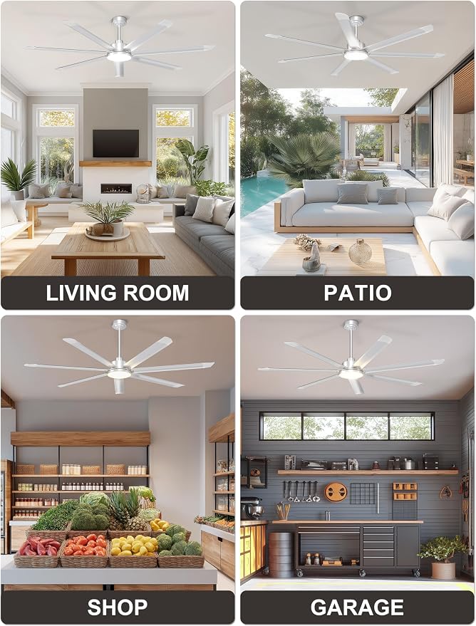 Ohniyou 72'' Industrial Ceiling Fan with Light for Patio, Garage, Silver | 8000 CFM Airflow, 35dB DC Motor, 7 Aluminum Blades, 3CCT Dimming, Remote/APP Control, Covered Outdoor Metal Fan