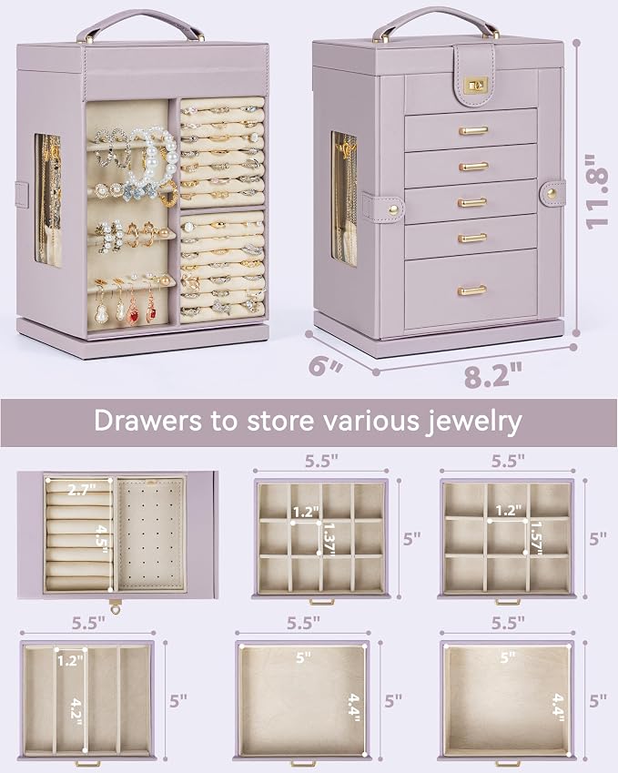 AKOZLIN 6-Tier Jewelry Box Organizer Functional 5 Drawers Leather Jewelry Storage Case for Women Girls Ring Necklace Earring Bracelet Holder Organizer with Mirror Purple 360° Rotating
