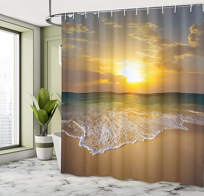 Ambesonne Ocean Decor Shower Curtain, Long Thin Calm Spumous Sea Waves Covers Sandy Beach at a Mystic Sunset View, Polyester Fabric Bathroom Set with Hooks, 69" W X 70" L, Brown Yellow