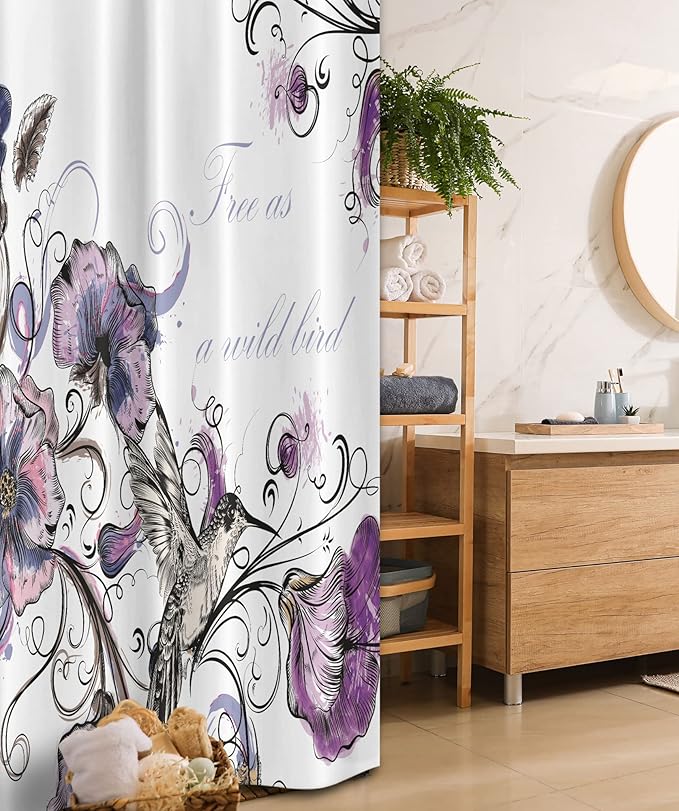 Ambesonne Hummingbird Stall Shower Curtain, Flowers Leaves Bird and Classic Patterns Curvy Lines Ornament Nostalgic Art, Fabric Bathroom Decor Set with Hooks, 36" W x 72" L, Purple Black