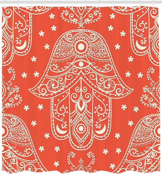 Ambesonne Hamsa Shower Curtain, Egyptian Boho Hamsa Hand Pattern with Eye Design Bridal Night Inspired Art, Cloth Fabric Bathroom Decor Set with Hooks, 69" W x 70" L, White Coral