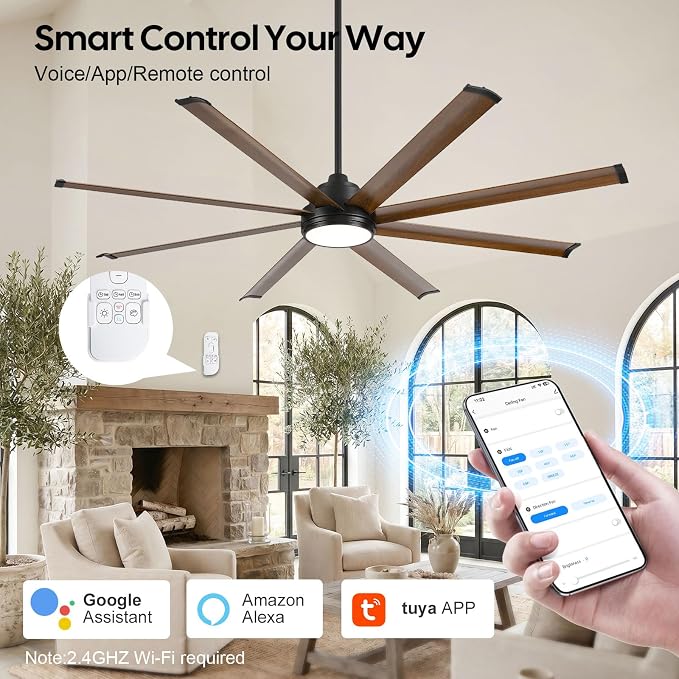 72" Outdoor Ceiling Fan with Light, Smart Alexa/App/Remote Control, 8 Walnut Finish Anti-Rust Aluminum Blades, 9799 CFM High Airflow, Quiet Reversible DC Motor, Modern Farmhouse Fan for Patios Garage