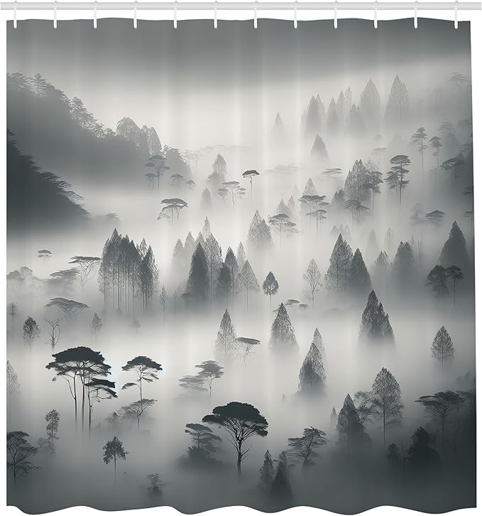 Ambesonne Grey Shower Curtain, Misty Woodland Scenario with Mountains and Trees Monochrome Autumnal, Cloth Fabric Bathroom Decor Set with Hooks, 69" W x 70" L, Dark Cadet Blue Off White