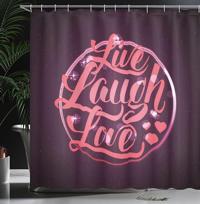 Ambesonne Live Laugh Love Shower Curtain, Vibrant Romantic Vintage Stamp Inspired Circle Popular Saying Print, Cloth Fabric Bathroom Decor Set with Hooks, 69" W x 70" L, Coral Plum White