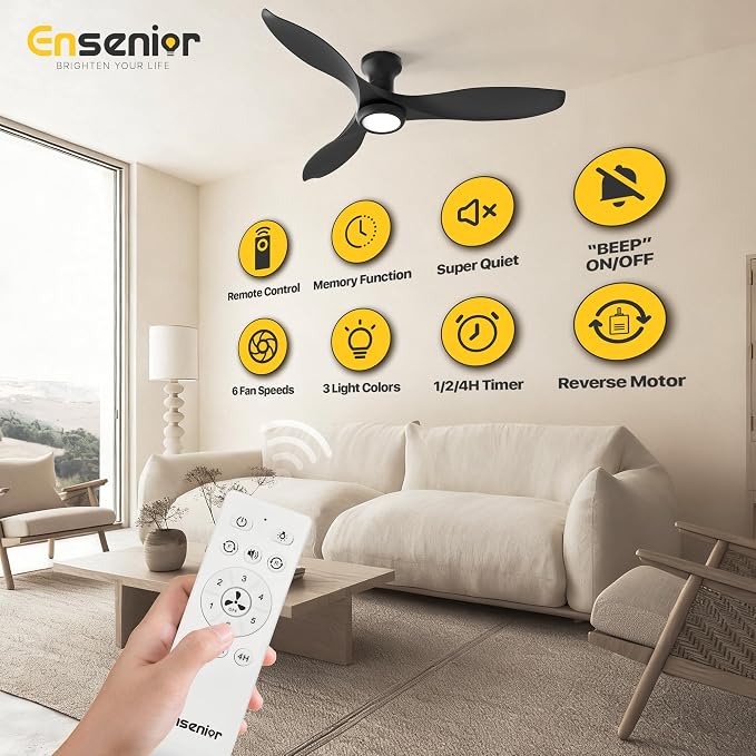 Ensenior 52 Inch Flush Mount Ceiling Fan with Light and Remote, Black Low Profile Ceiling Fans with Lights for Bedroom Living Room, 3 ABS Blades, Modern Quiet Reversible DC Motor, 3CCT, 6 Speeds