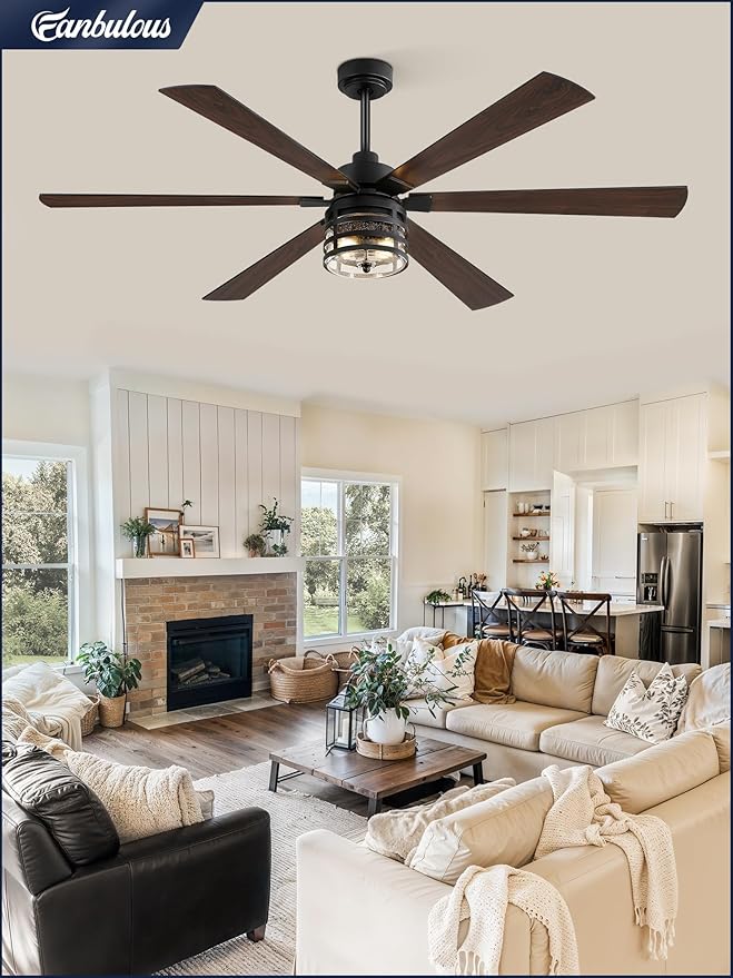 Fanbulous 65" Farmhouse Ceiling Fans with Lights and Remote,Industrial Large Ceiling Fan with 6-Speed Reversible DC Motor and 6 Dual Finish Blades,Black Ceiling Fan with Light for Living bedroom Patio