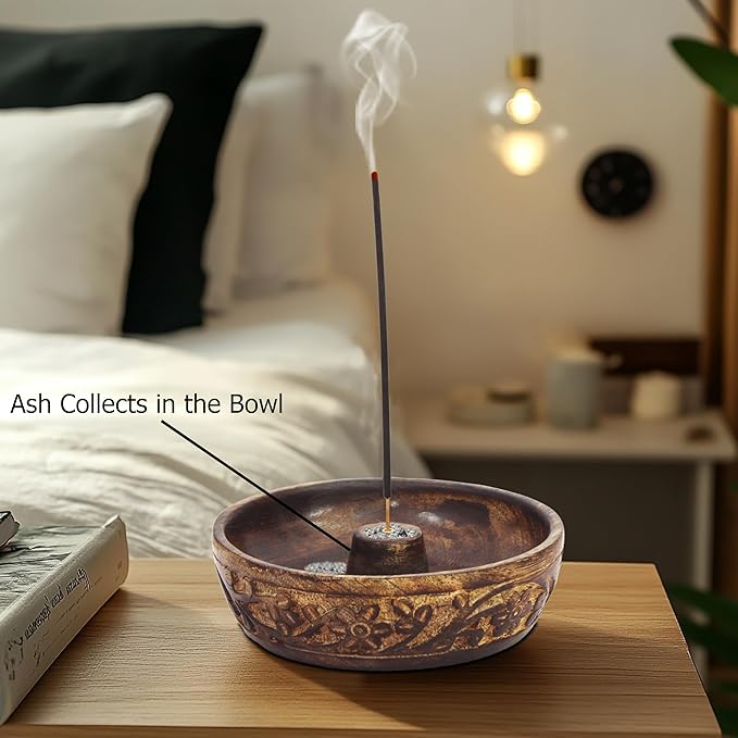 COTTON CRAFT - Wooden Incense Holder - 2 Pack Hand Carved Floral Incense Burner - Ash Catcher Bowl - Incense Sticks Aroma Room Freshener Zen Home Décor Gift - Yoga Meditation - 5 x 5 x 1.5 - Natural