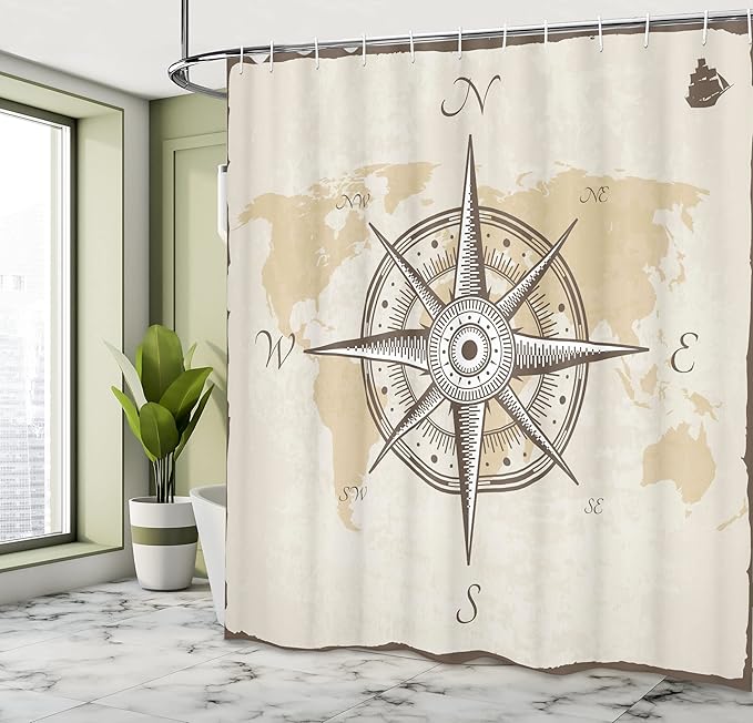Ambesonne Compass Shower Curtain, Nautical Compass on Background Old Map with Torn Border Frame Illustration Print, Cloth Fabric Bathroom Decor Set with Hooks, 69" W x 84" L, Taupe Beige