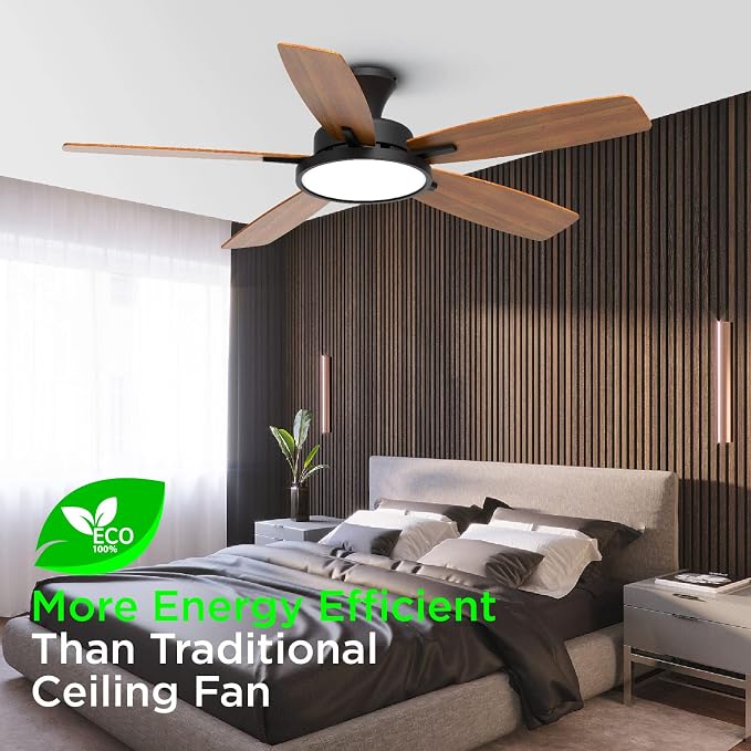 TALOYA 52 inch Ceiling Fans with Lights and Remote, Low Profile Ceiling Fan with Light, Flush Mount, Reversible, 3CCT, Dimmable, Ultra Quiet Black Ceiling Fan for Bedroom Living Room Indoor Outdoor