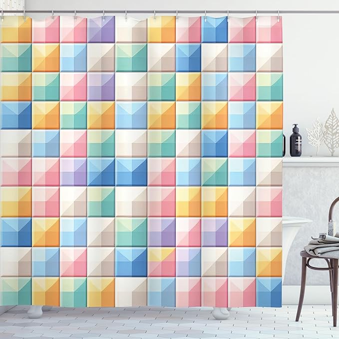 Ambesonne Colorful Shower Curtain, Modern Grid Design Checkered Pastel Tones with Futurist Line Details Colour Jumble, Cloth Fabric Bathroom Decor Set with Hooks, 69" W x 84" L, Multicolor