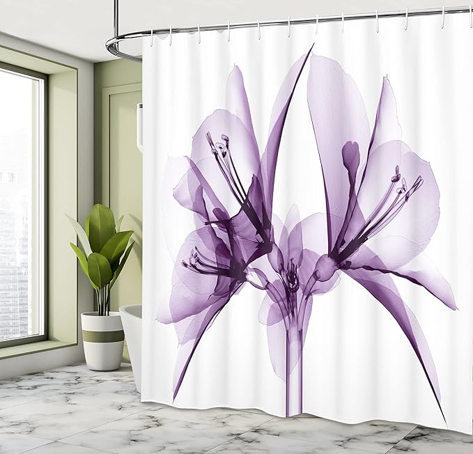 Ambesonne Flower Shower Curtain, Illustration of a Blooming Flower X-ray Vision of Nature Solarized Pattern, Cloth Fabric Bathroom Decor Set with Hooks, 69" W x 70" L, Violet White