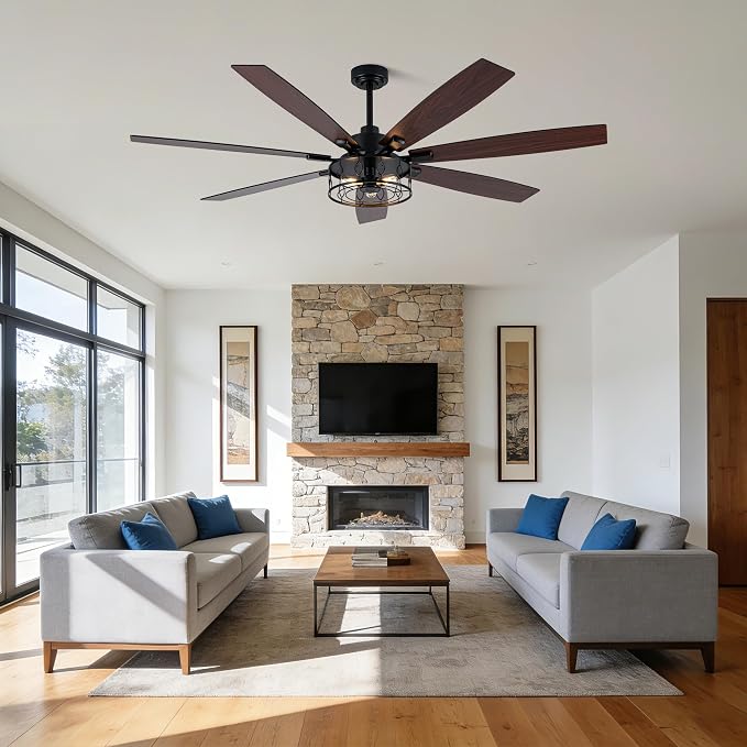 Dawn Whisper 72 Inch Farmhouse Ceiling Fans with Lights Black Industrial Caged Ceiling Fans with 6 Speed Reversible Motor and Dual Finish 8 Blades Rustic Ceiling Fan for Living Room
