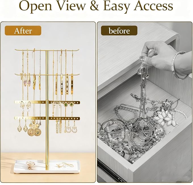 pickpiff Jewelry Organizer: 14.5" Sturdy Stand for 80 Pcs Jewelry, Shiny Gold