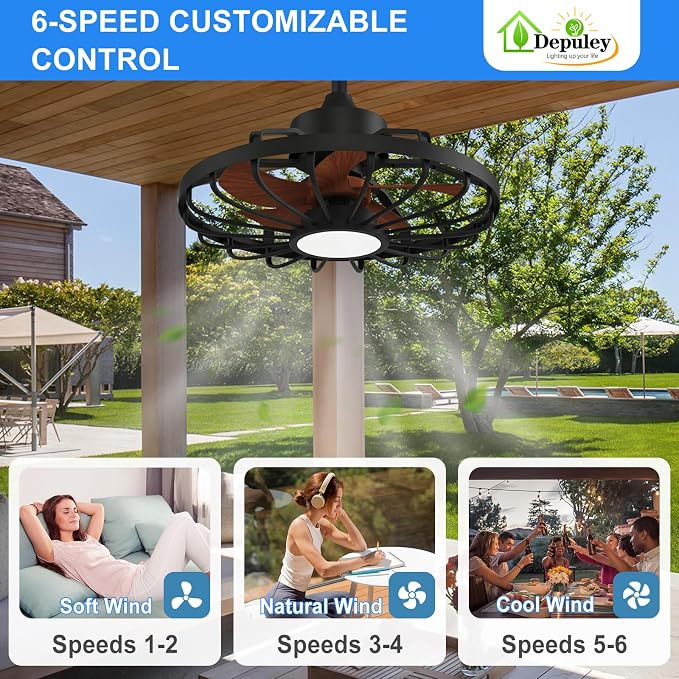 Depuley Gazebo Fans Outdoor Hanging: 20 Inch Black and Walnut Plug In Caged Outdoor Fan with Light and APP Remote Control - Waterproof Ceiling Fan for Patio Porch Pergola Reversible DC Motor
