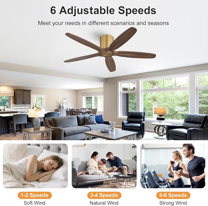WINGBO 54" Flush Mount Ceiling Fan No Light - 5 Carved Solid Wood Blades, 6-Speed Reversible DC Motor, Dimmable, 3CCT, Low Profile Ceiling Fans without Lights for Bedroom Living Room, Gold and Walnut