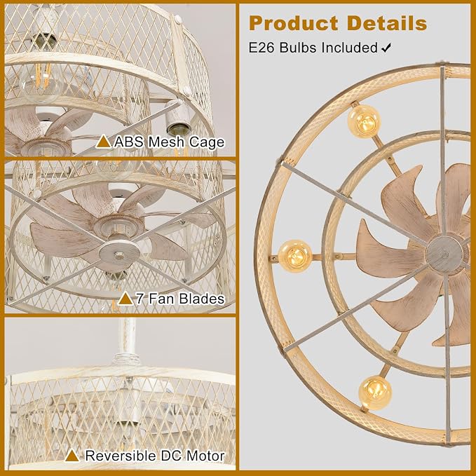 Depuley Cage Ceiling Fan with Light: Rustic Cement Caged Ceiling Fan Light Fixture - Flush Mount Ceiling Fans with Remote - 26 in Industrial Low Profile Fandelier for Kitchen Indoor Dining Room
