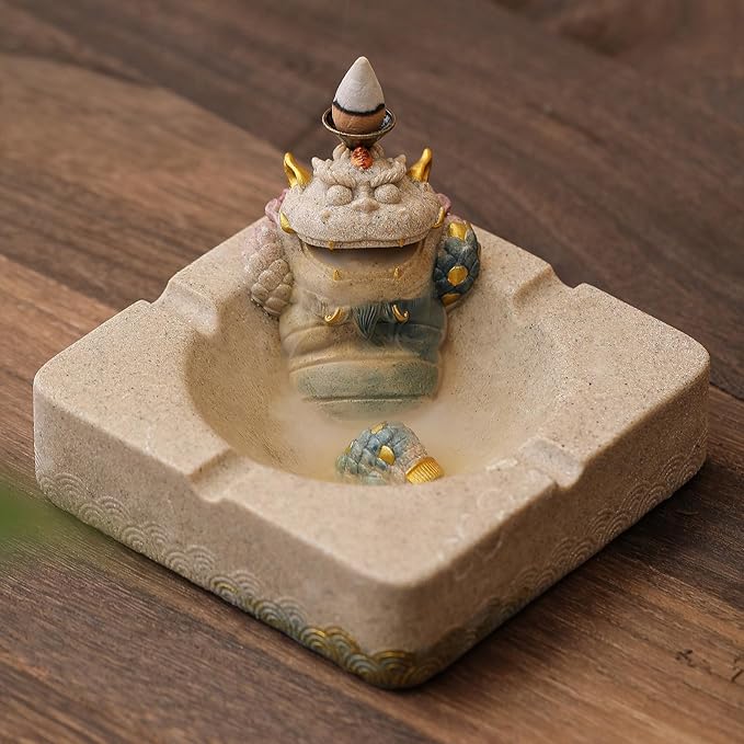 Pixiu Backflow Incense Burner with Ashtray, Mythical Beast Resin Incense Holder & Wealth Guardian Statue, Waterfall Smoke Effect Decor for Desk, Home Office Zen Gift