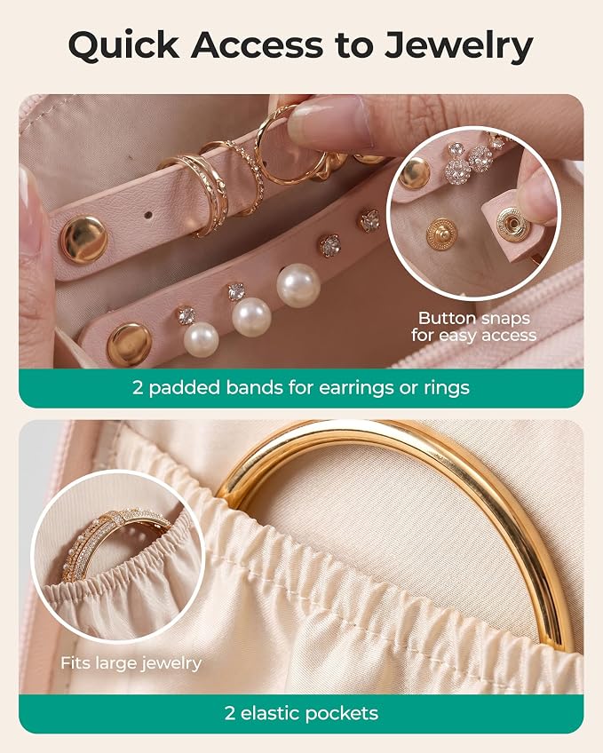 BAGSMART Travel Jewelry Case, Leather 2-Zip for Rings Necklaces | 2 zippered pockets, removable inner pocket, 3 tangle-free clips, 3 elastic pockets, 2 leather snap straps for rings/earrings
