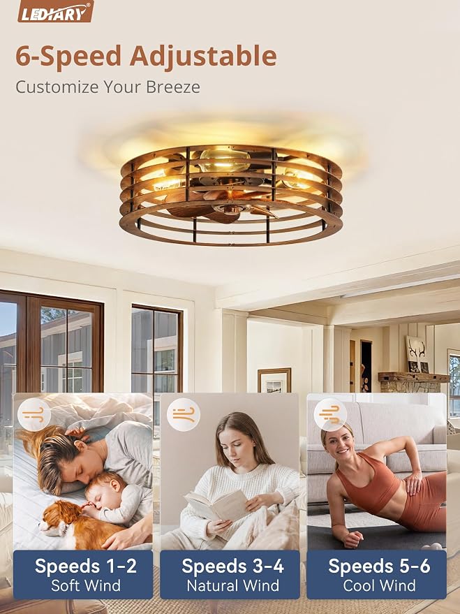 LEDIARY 20" Flush Mount Caged Ceiling Fan with Light, Low Profile Ceiling Fans with Light and Remote, 6 Speed & Reversible, Farmhouse Enclosed Fan Lights for Bedroom, Kitchen, Living Room