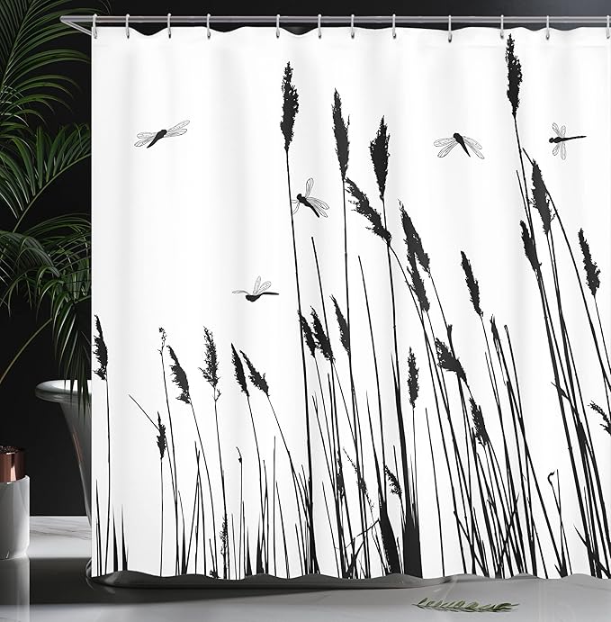 Ambesonne Dragonfly Shower Curtain, Wheat Field Autumn Agriculture Background Nature Harvest Bush Herbs Theme Art, Cloth Fabric Bathroom Decor Set with Hooks, 69" W x 70" L, White Black