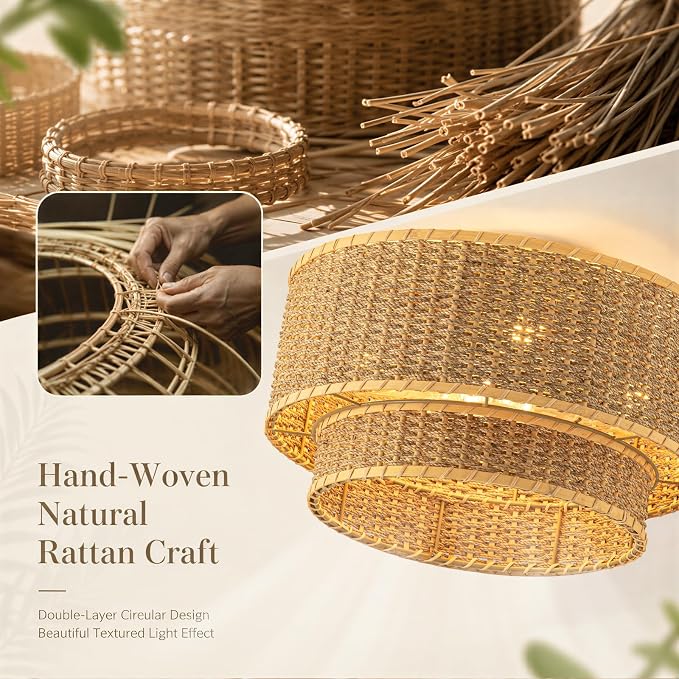 Boho Rattan Ceiling Fan with Light, Flush Mount Woven Fandelier with Remote 2 Tier Layered Caged Ceiling Fan Light Fixture 6-Speed Reversible Low Profile Fan for Bedroom Kitchen Dining Room