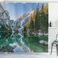 Ambesonne Nature Shower Curtain, Autumn Landscape with Faded Trees and Mountains Pure Reflection in Water Dream Photo, Cloth Fabric Bathroom Decor Set with Hooks, 69" W x 84" L, Green Grey