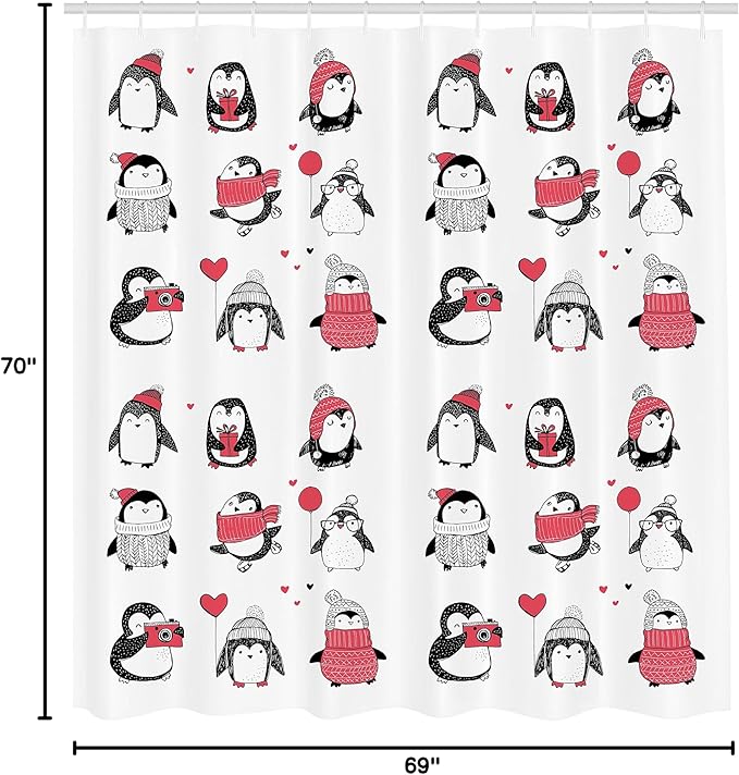 Ambesonne Winter Shower Curtain, Penguins Hand Drawn Merry Christmas Greetings, Cloth Fabric Bathroom Decor Set with Hooks, 69" W x 70" L, White Pink