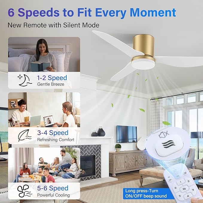 42 Inch Smart Ceiling Fans with Lights Remote,Low Profile Ceiling Fan Control via WIFI Voice Alexa App,Modern Flush Mount Fans for Small Bedroom,Patio,Porch,Outdoor Indoor,White and Gold,Ultra-quiet