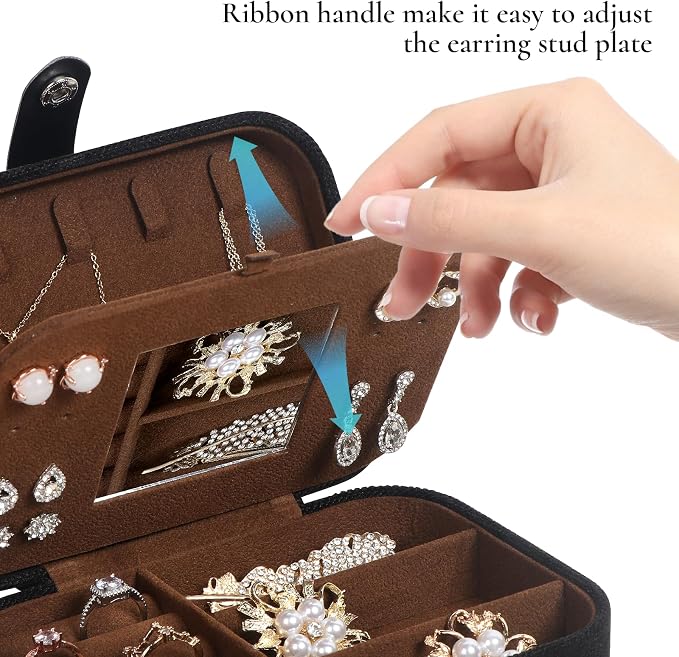 Hatori Travel Jewelry Box, PU Leather Small Jewelry Organizer for Women Girls, Double Layer Portable Mini Travel Case Display Storage Holder Boxes for Stud Earrings, Rings (Black Mirror)