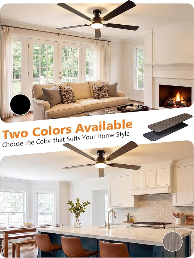 VOLISUN 60 Inch Ceiling Fan with Lights Flush Mount, Low Profile Ceiling Fans with Lights, Remote&APP Control,Dimmable 22W LED Light,Queit&Reversible Fan, Black Ceilings Fans for Bedroom, Living Room