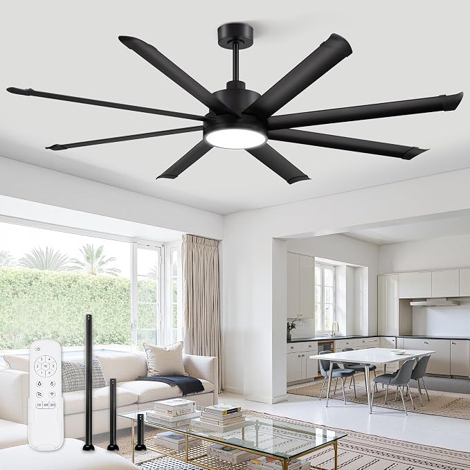 ZMISHIBO 72 Inch Ceiling Fans with Lights, Indoor/Outdoor Industrial Ceiling Fan with 8 Aluminum Reversible Blade, Quiet DC Motor, 3CCT&6-Speed Remote Control, Damp Rated for Living Room/Garage/Gazebo