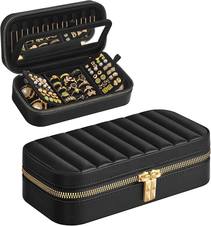 SONGMICS HOME Travel Jewelry Case with Mirror, Stitching, Portable | Jewelry box organizer, 4.1 x 8 x 2.4 Inches, Gift Idea, Ink Black, UJBC180B01