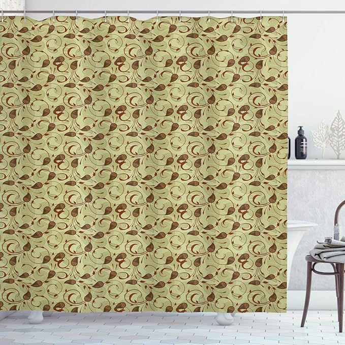 Ambesonne Paisley Shower Curtain, Modern Design of Classic Eastern Leafy Motif and Swirly Branches Art Oriental, Cloth Fabric Bathroom Decor Set with Hooks, 69" W x 84" L, Pale Green Brown