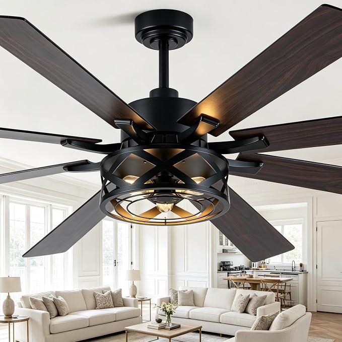 72" Farmhouse Ceiling Fan with Lights and Remote Rustic Fandelier | Black Caged Fandalier Ceiling Fan, Industrial Chandelier for Living Room Large Bedroom, Quiet DC Motor 8 Reversible Blades