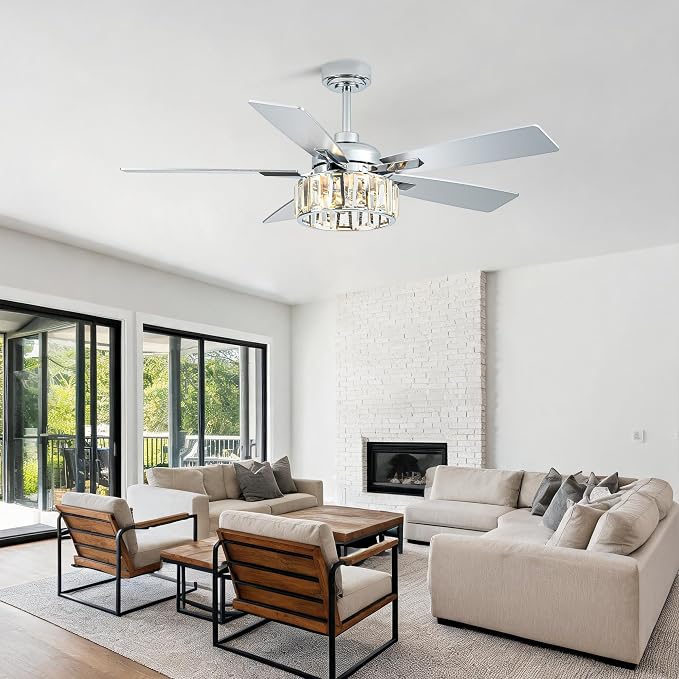 Dawn Whisper 52" Crystal Chandelier Ceiling Fans with Lights and Remote | Modern Design Quiet Reversible DC Motor 6 Speeds Timer for Living Room Bedroom