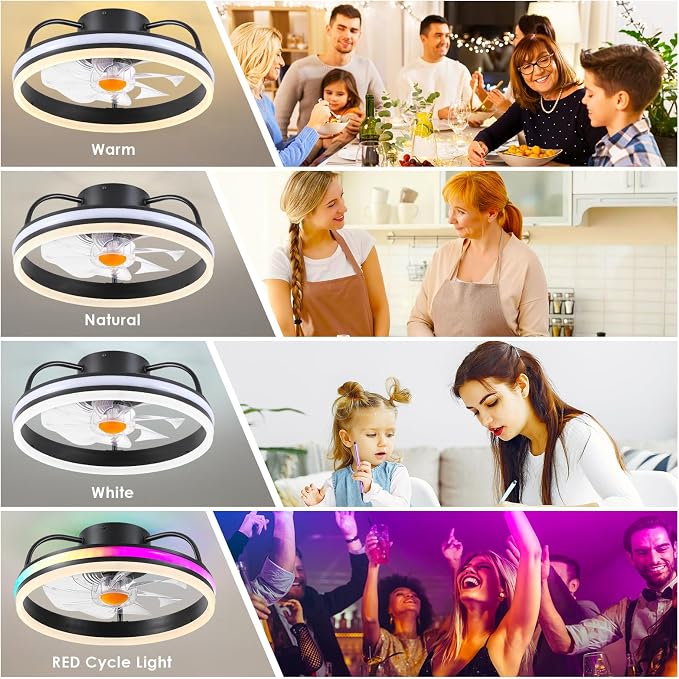 Ceiling Fan-Low Profile Ceiling Fan with Light - Modern Flush Mount Ceiling Fan ,16" RGB Dimmable LED Enclosed Ceiling Fans,Modern Bladeless LED-RGB Ambient Light for Bedroom Kids Room Party（Black）