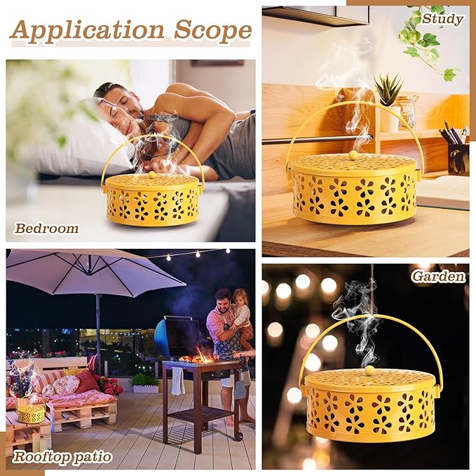 Lallisa 4 Pieces Mosquito Coil Holder Incense Coil Holder Retro Portable Metal Hanging Incense Burner with Handle Round for Home Camping Indoor Outdoor Patio(Yellow)