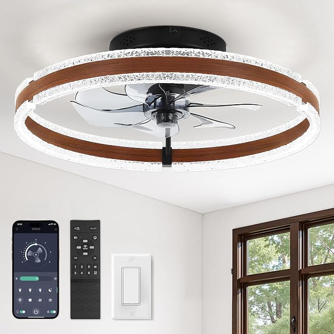 LEDIARY 20" Ceiling Fans with Lights and Remote, Low Profile Ceiling Fan with Light, 3000-6000K Dimmable Fandelier Ceiling Fans, Modern Flush Mount Fan Light for Bedroom with 6 Wind Speeds - Walnut
