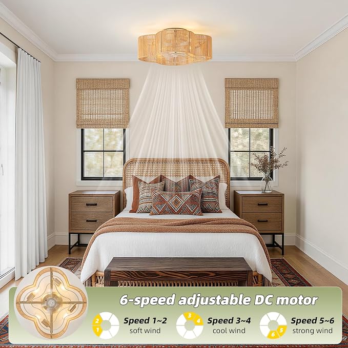 20" Boho Ceiling Fan with Light, Rattan Caged Flush Mount Ceiling Fan with Light Remote Control, Enclosed with 6 Speeds for Bedroom, Living Room, Foyer, Nursery