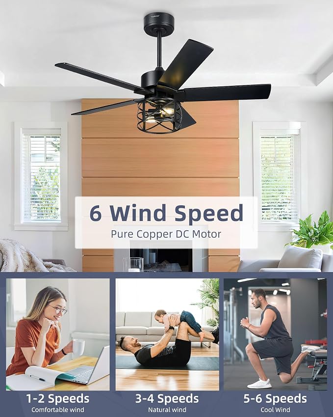 YOUKAIN 42 Inch Ceiling Fan with Lights and Remote, DC Motor 35dB Quiet, Black Farmhouse Ceiling Fan with 5 Reversible Blades for Small Room Bedroom, 42-YJ632-BKW