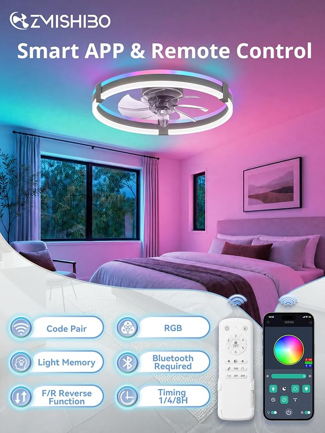 ZMISHIBO RGB Ceiling Fans with Lights and Remote, 20 inch Low Profile Ceiling Fan with Light, 3000K-6000K Dimmable & RGB, Modern Fandelier Flush Mount Ceiling Fan, Small LED Fan for Bedroom,Grey