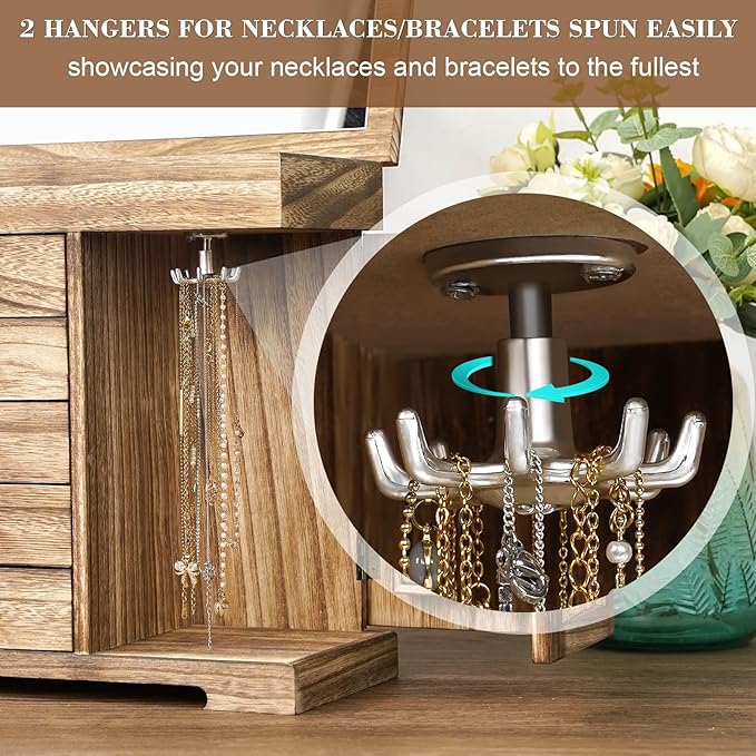 Miratino Jewelry Box for Women Girls, Rustic Wooden Jewelry Organizer Box with Mirror, 5 Layer Jewelry Storage Case Display for Necklaces Earrings Rings Bracelets Valentine's Day Gifts
