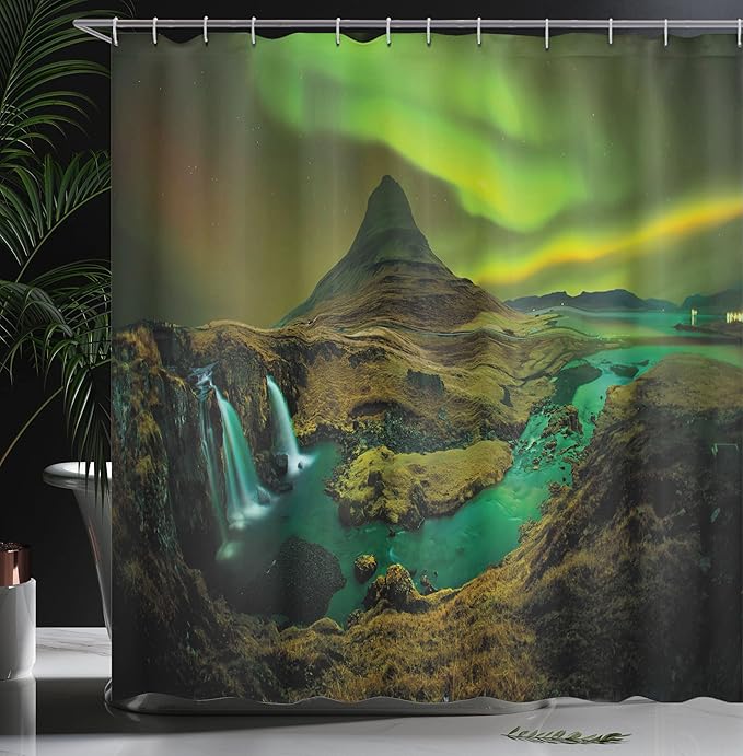 Ambesonne Aurora Borealis Shower Curtain, Pale Weather Over The Hills Waterfall Creek Nature Landscape, Cloth Fabric Bathroom Decor Set with Hooks, 69" W x 84" L, Fern and Olive Green