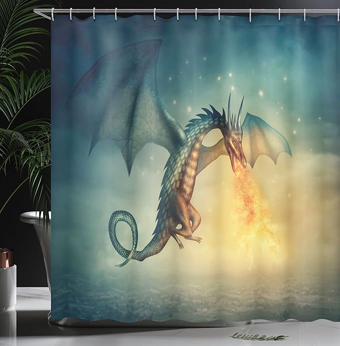 Ambesonne Fantasy Shower Curtain, Dragon in The Sky Creature Surreal Design, Cloth Fabric Bathroom Decor Set with Hooks, 69" W x 70" L, Teal Yellow