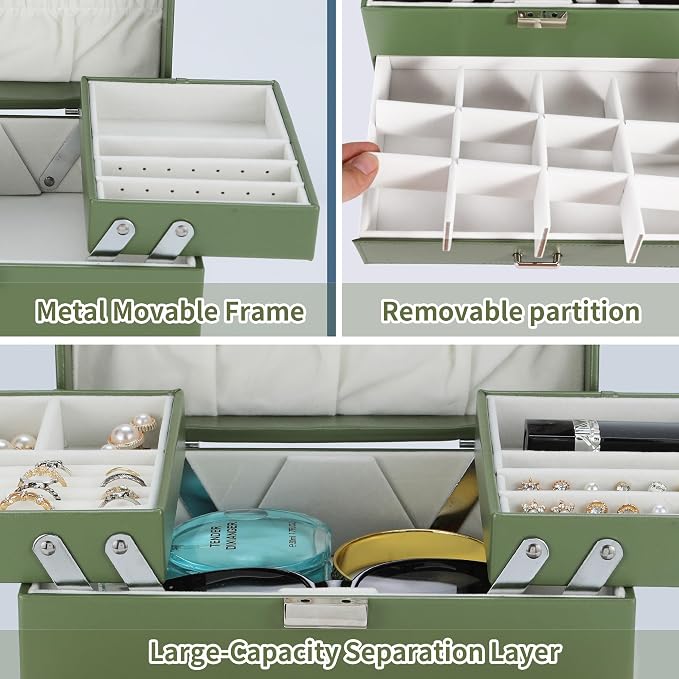 Dajasan Jewelry Organizer Box, Large Jewelry Boxes for Women Girls, Space-Saving 4 Layers Jewelry Storage Case with Drawer, Movable Metal Stand, Modern, Gift Idea (Green)