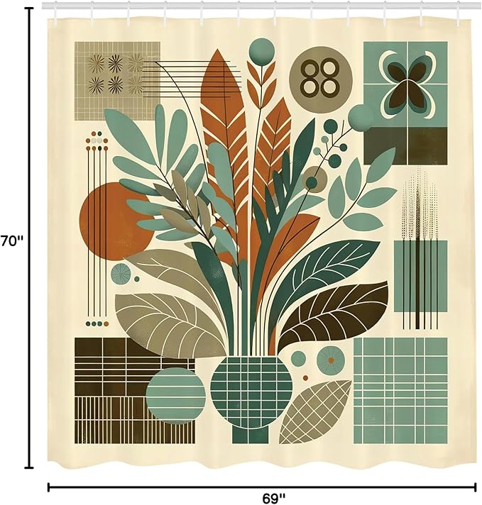Ambesonne Mid Century Modern Shower Curtain, Abstract Retro Exotic Leaves Arrange in Vase with Lines, Cloth Fabric Bathroom Decor Set with Hooks, 69" W x 70" L, Beige Sage Green and Amber