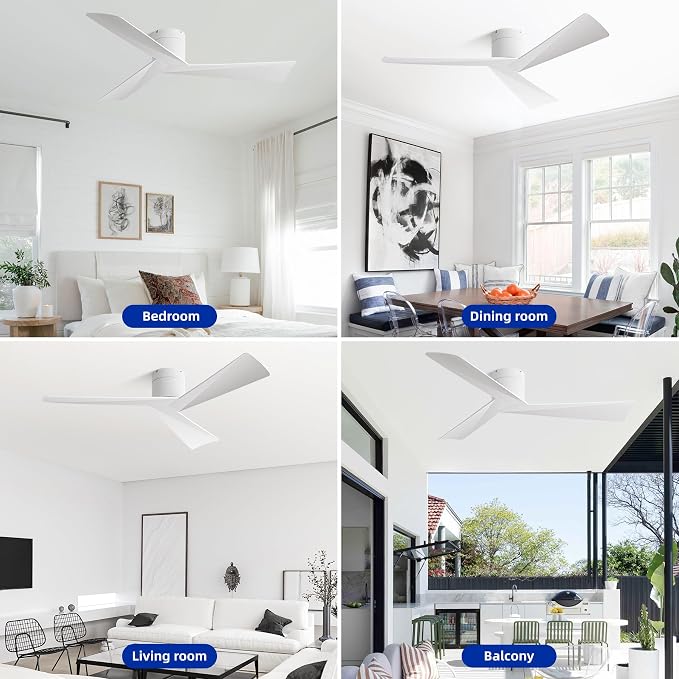 52 Inch White Flush Mount Ceiling Fan with Remote, No Light | Modern low-profile, heat-resistant ABS blades, quiet reversible 6-speed DC motor for balcony, living room, bedroom