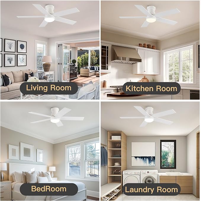 OURSTAR Ceiling Fans with Lights and Remote Control, White Low Profile Ceiling Fan with Light 3-Color LED Dimmable, Memory for Lighting and Fan Reversible, 6-Speed, Timer, Indoor/Outdoor Use, 47 Inch