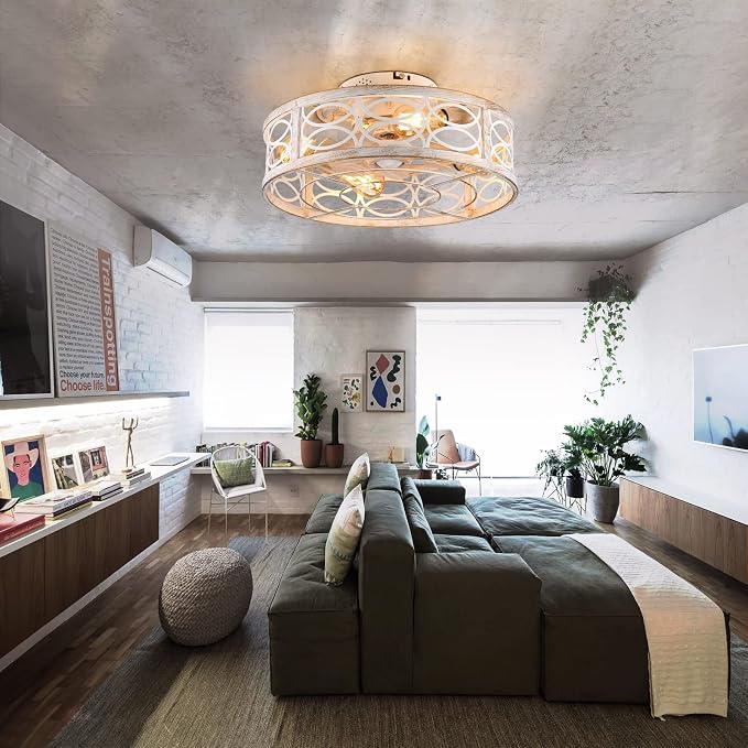 20" Caged Ceiling Fan With Light And Remote，bladeless Ceiling Fan 6 Speed Reversible With 4 Bulbs and Remote Control. With Lights for Bedroom, Dining Room